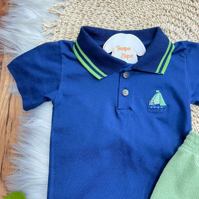 Conj. Camiseta Gola Polo Fun At Sea e Bermuda em Linho - Marinho e Verde